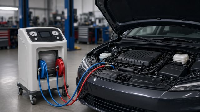 Aircoservicetoestel aangesloten op een wagen