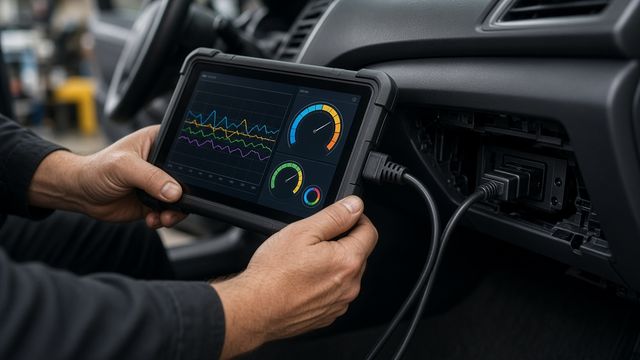 Diagnosetablet aangesloten op de OBD-aansluiting van een wagen
