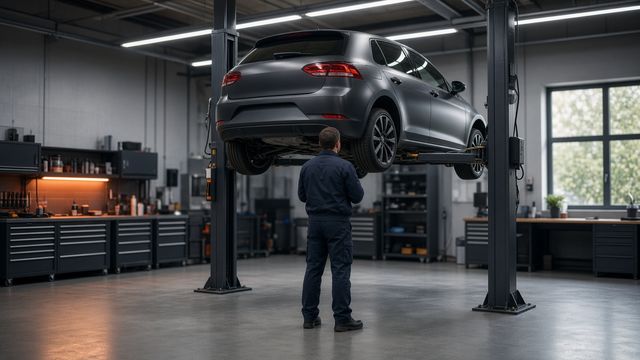 Auto op de brug in de werkplaats